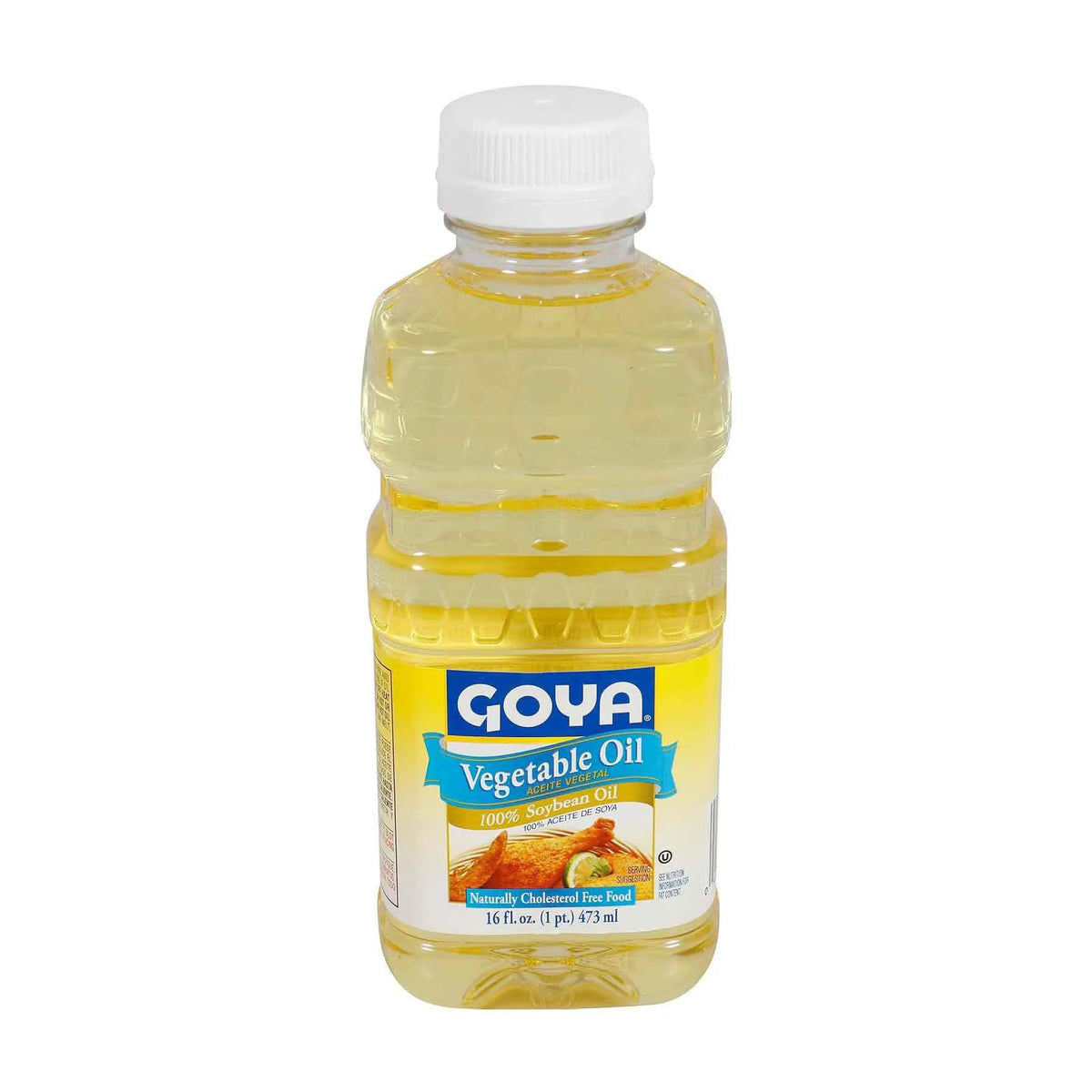 Vegetable soybean oil for cooking from Goya, ideal for frying and baking, in a 16 fl oz bottle, displayed in a kitchen setting.