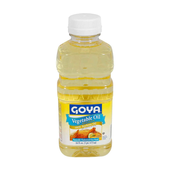 Vegetable soybean oil for cooking from Goya, ideal for frying and baking, in a 16 fl oz bottle, displayed in a kitchen setting.