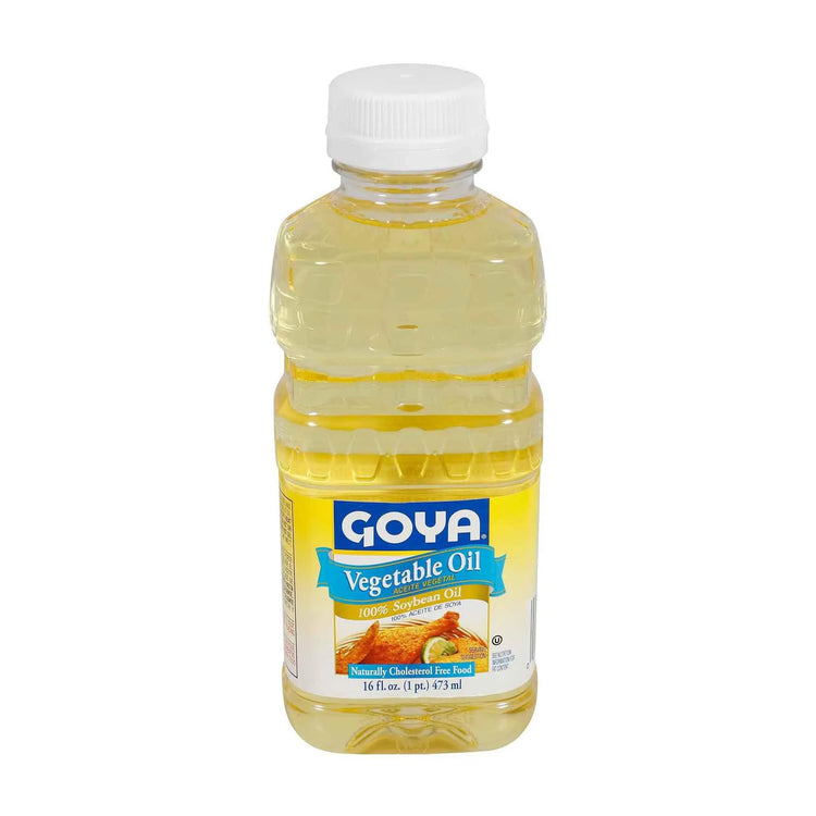 Vegetable soybean oil for cooking from Goya, ideal for frying and baking, in a 16 fl oz bottle, displayed in a kitchen setting.