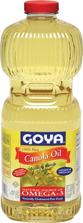 Bottle of Goya 100% pure canola oil for cooking, frying, and baking, shown in a 16 fl oz container with a clear label.