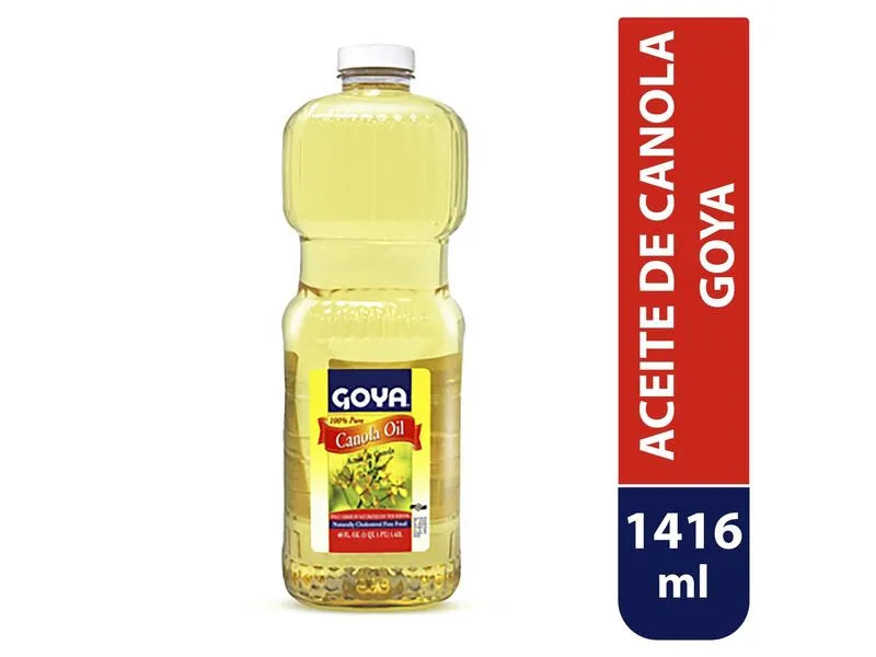 Bottle of Goya 100% pure canola oil for cooking, frying, and baking, with Farmacias Savia branding and a 16 fl oz size.