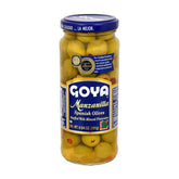 Jar of Goya Manzanilla stuffed olives with pimiento, 6.75 oz, showing olives filled with red peppers in a clear glass jar.