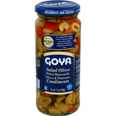 Canned Goya salad olives with red peppers in a 7 oz jar, showing olives and sliced red peppers in brine.