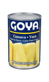 Canned yuca en conserva from Goya in a 14 oz jar, ready to prepare, displayed on a clean surface.