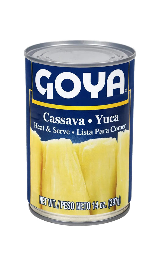 Canned yuca en conserva from Goya in a 14 oz jar, ready to prepare, displayed on a clean surface.