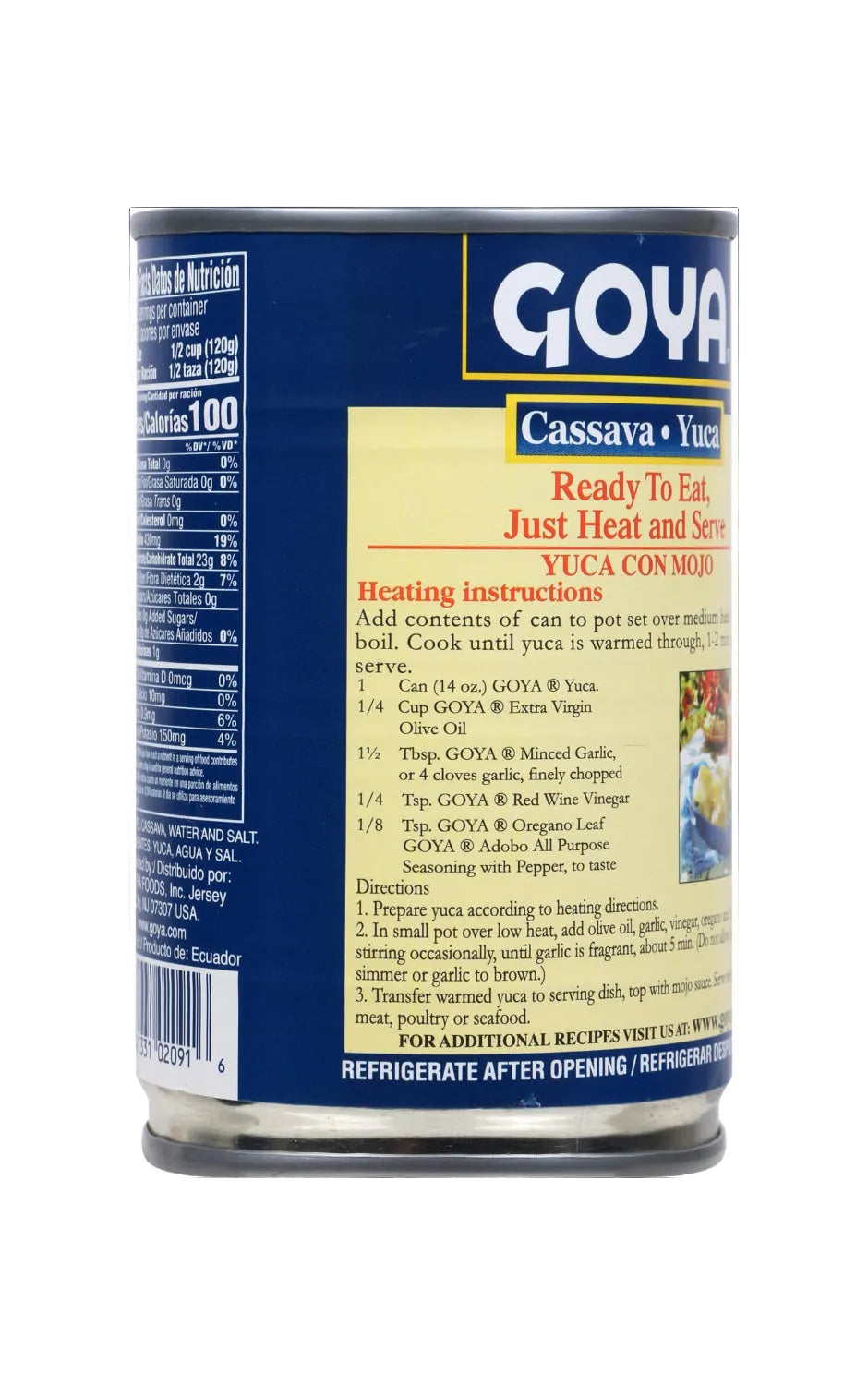 Canned yuca en conserva from Goya, 14 oz, ready to prepare, shown in a clear image.