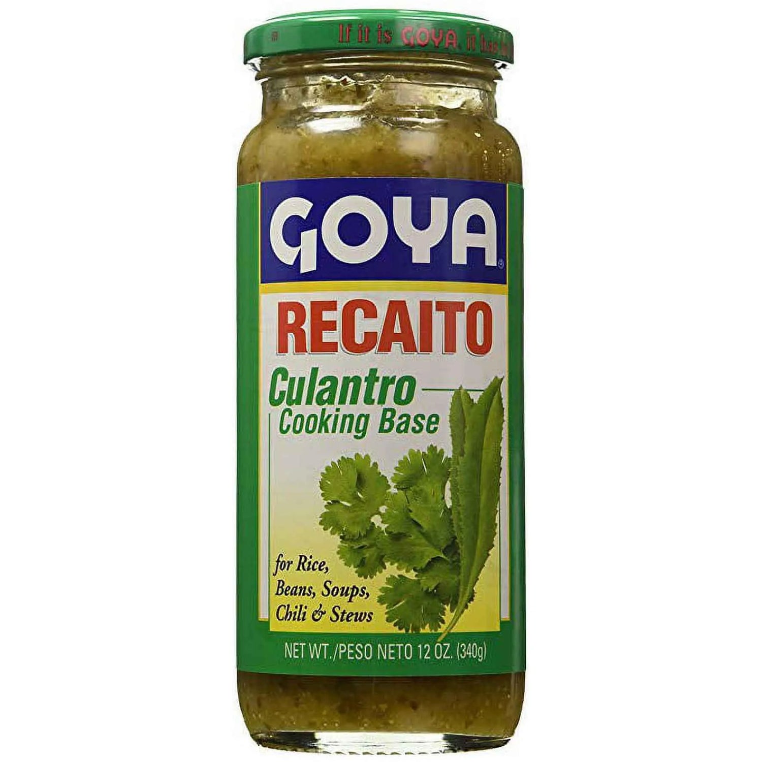 Recaito base GOYA de Culantro con Cebolla y Ajo in 12 oz jar, showing fresh herbs and ingredients on the label.