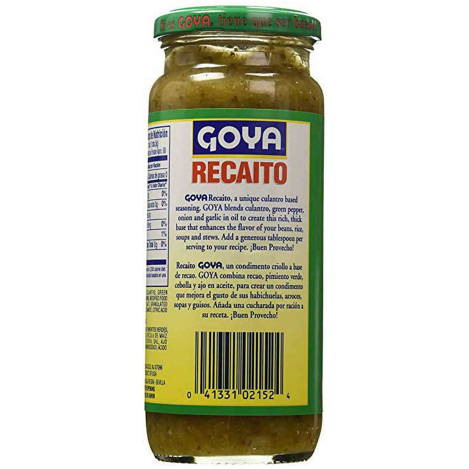 Recaito base Goya de culantro, cebolla y ajo en 12 oz jar, fresh ingredients for flavorful Latin cooking.