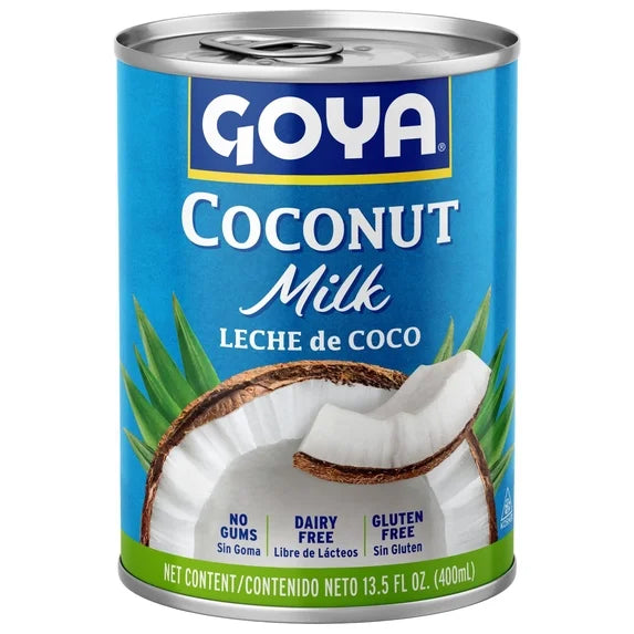 Uncartoned bottle of Goya unsweetened coconut milk for cooking and baking, 13.5 fl oz, with a white label and blue cap.