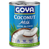 Uncartoned bottle of Goya unsweetened coconut milk for cooking and baking, 13.5 fl oz, with a white label and blue cap.