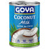 Uncartoned bottle of Goya unsweetened coconut milk for cooking and baking, 13.5 fl oz, with a white label and blue cap.
