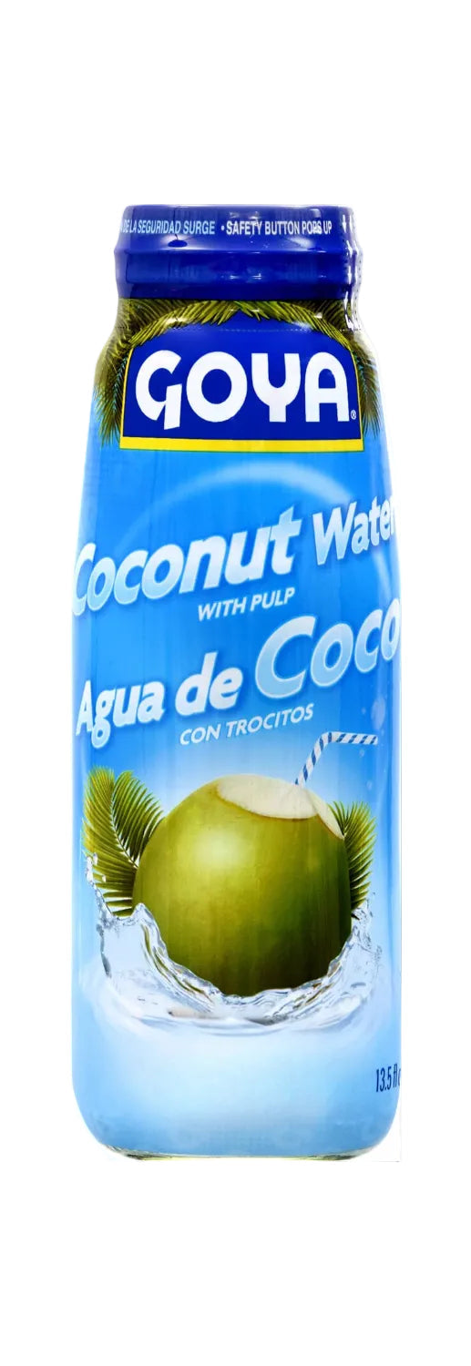Coconut water with pulp in 13.5 fl oz bottle from Goya, featuring fresh coconut slices and transparent liquid in a clear bottle.