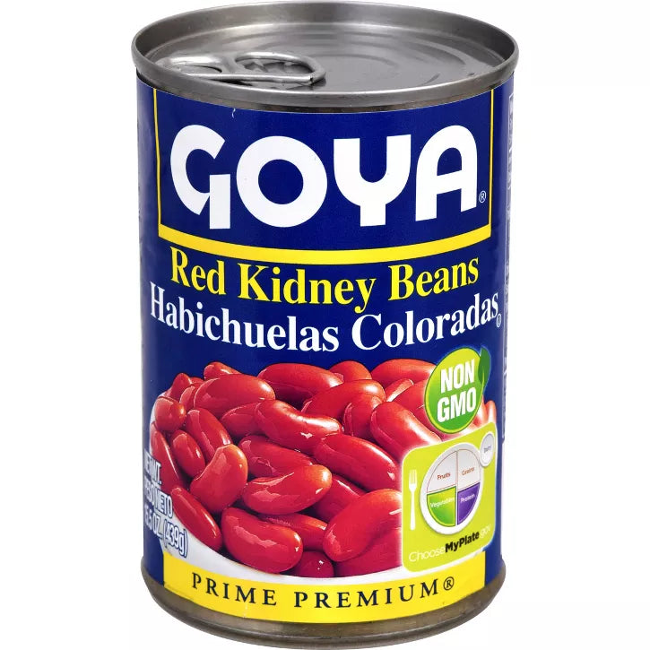Canned Goya Red Kidney Beans (Habichuelas Coloradas) in 15.5 oz can, with beans visible inside the label.