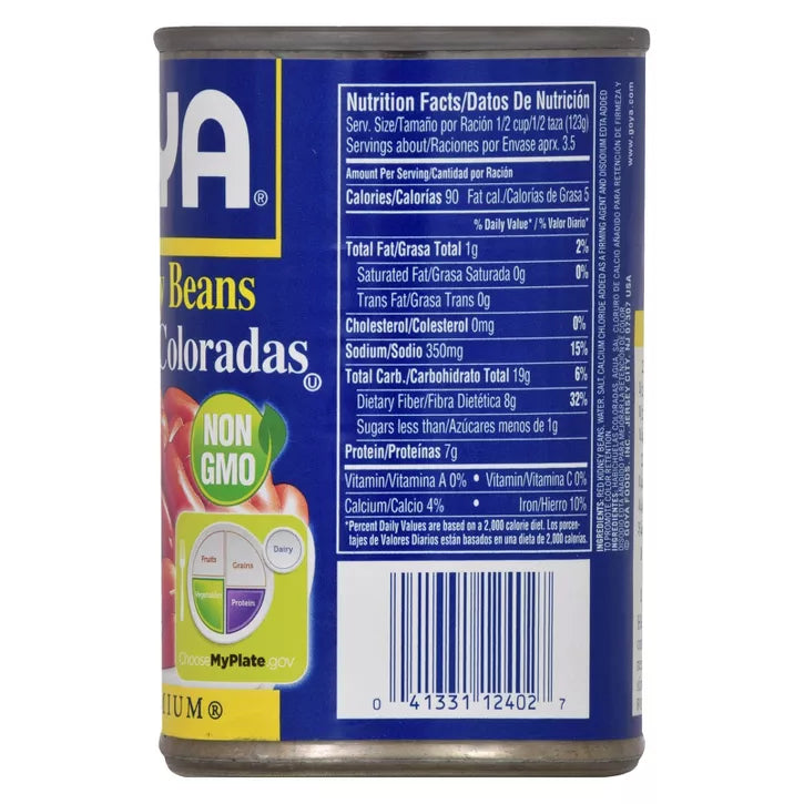 Canned Goya Red Kidney Beans (Habichuelas Coloradas) in 15.5 oz can with label visible, showing red beans inside the can.