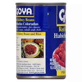 Canned Goya Red Kidney Beans in 15.5 oz can, labeled as Habichuelas Coloradas, with a close-up of the product label.