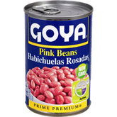 Canned pink beans (Habichuelas Rosadas) from Goya in a 15.5 oz can, displayed with opened can showing beans inside.