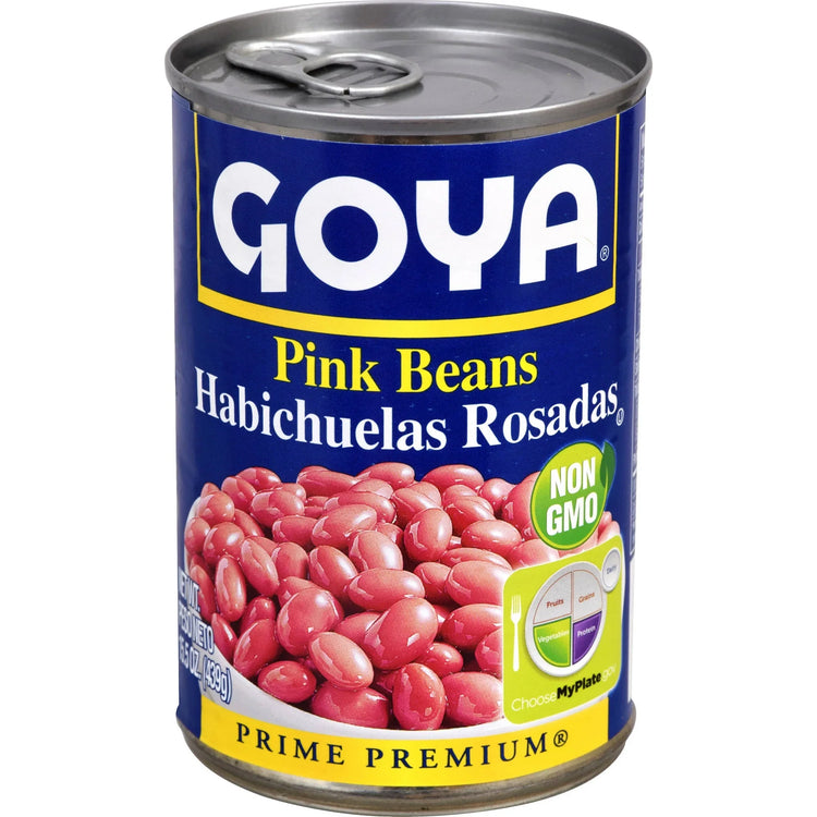 Canned pink beans (Habichuelas Rosadas) from Goya in a 15.5 oz can, displayed with opened can showing beans inside.