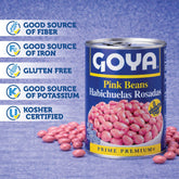 Canned pink beans (Habichuelas Rosadas) from GOYA in 15.5 oz can, with a close-up of the pink beans inside.