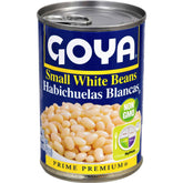 Small white beans in a can, Goya habichuelas blancas pequeñas, 15.5 oz, in a labeled can with a white and blue design.