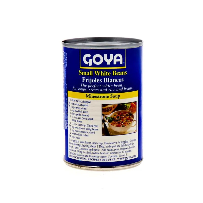 Canned small white beans (habichuelas blancas pequeñas) in a 15.5 oz can from Goya, displayed in a clear image.
