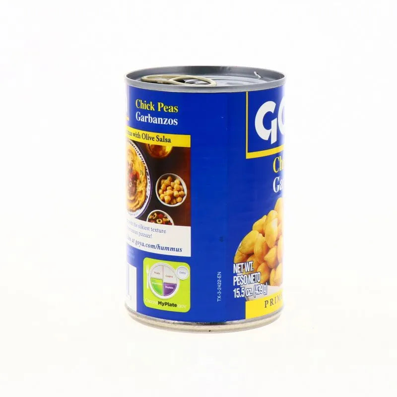 Canned Goya garbanzo beans in a 15.5 oz can, with a label showing chickpeas and product details.