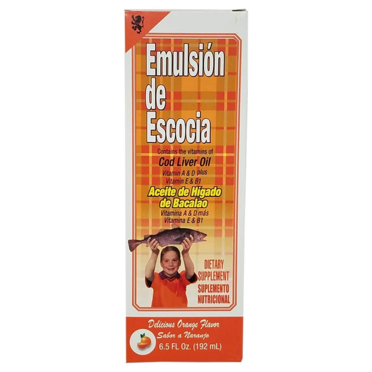 Scotland Cod Liver Oil emulsion in orange flavor, 6.5oz, a vitamin supplement featuring a bottle with orange liquid and label.