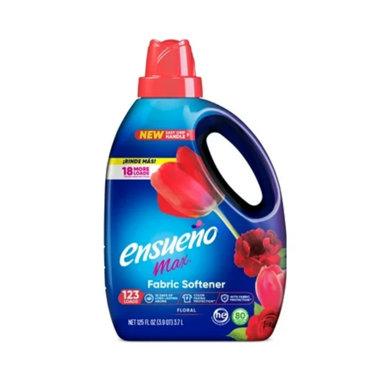 Ensueño Floral Scent Fabric Softener 125oz bottle for clothing, softening and adding a floral fragrance to laundry.