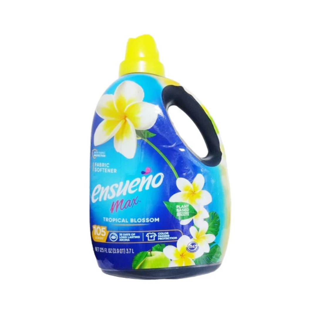 Ensueño Tropical Breeze fabric softener bottle for laundry, 125 oz, with tropical scent and colorful design.