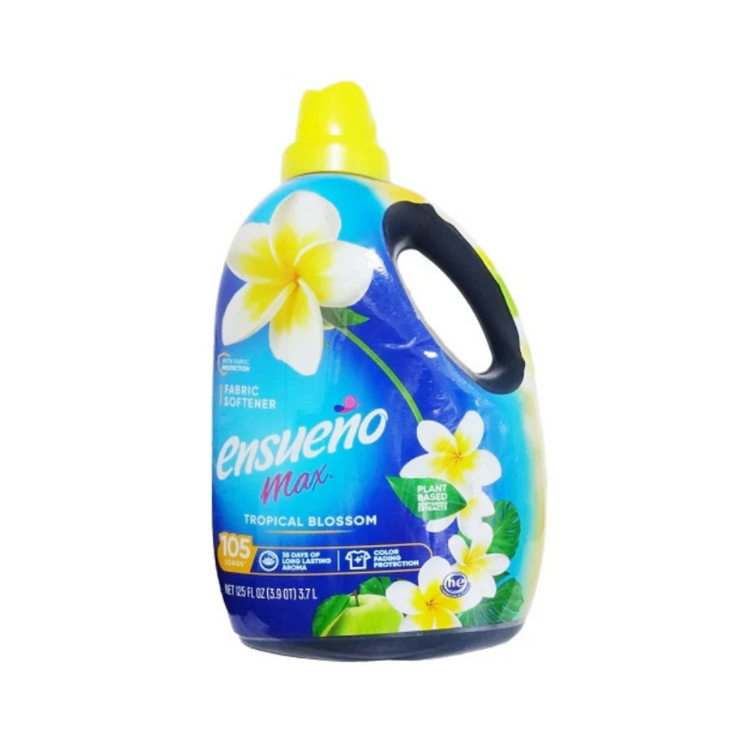 Ensueño Tropical Breeze fabric softener bottle for laundry, 125 oz, with tropical scent and colorful design.