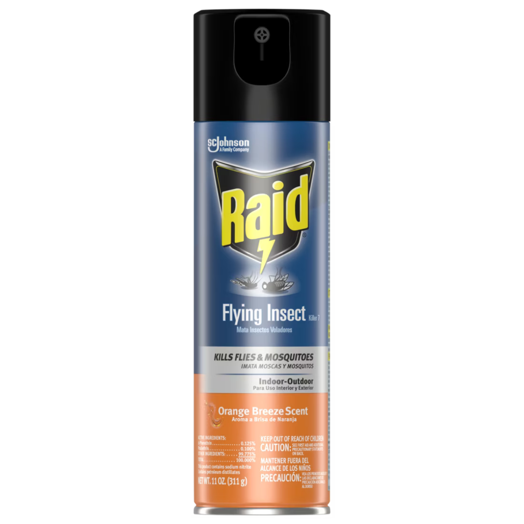 Raid Flying Insect Killer in orange breeze scent, 11oz aerosol can, designed to eliminate flying insects effectively.