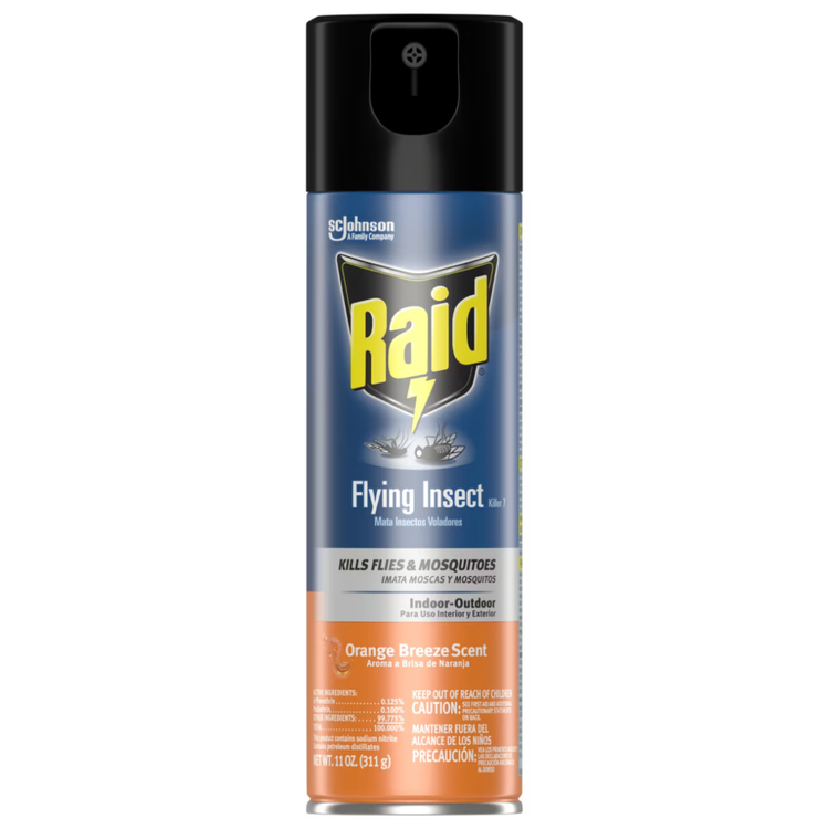 Raid Flying Insect Killer in orange breeze scent, 11oz aerosol can, designed to eliminate flying insects effectively.