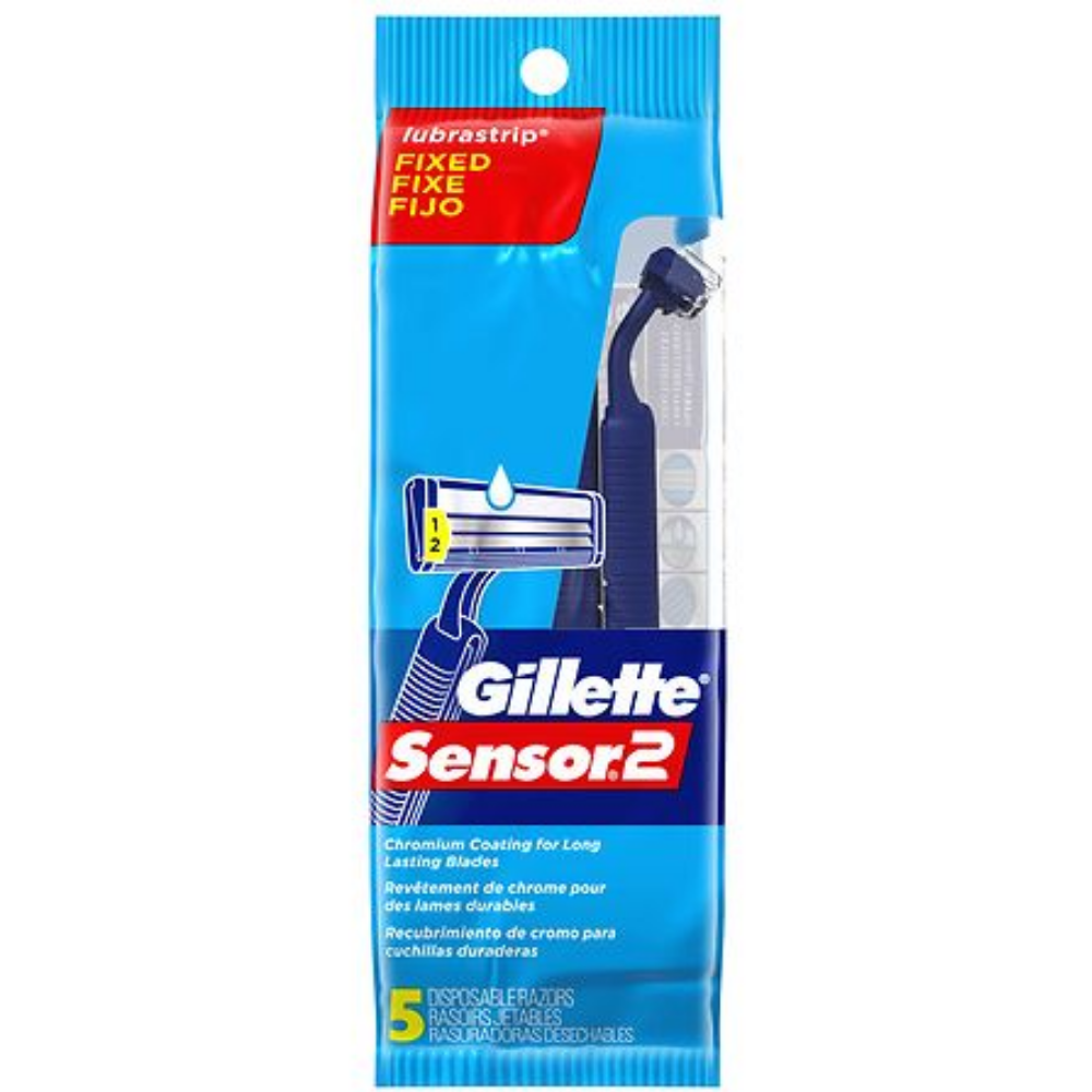Gillette Sensor 2 disposable razors in a pack of five, with sleek handles and razor blades, ideal for quick and easy shaving.