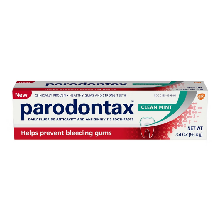 Parodontax Clean Mint toothpaste in 3.4 oz tube with fresh mint flavor, designed for oral health and cavity prevention.