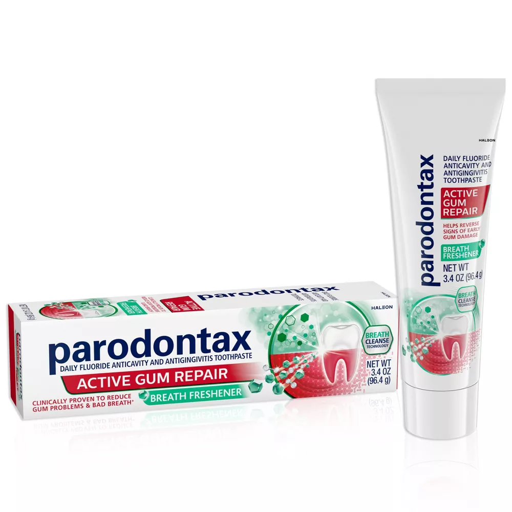 Parodontax Active Gum Repair Breath Freshener Toothpaste in 3.4 oz tube, providing oral care and gum health.