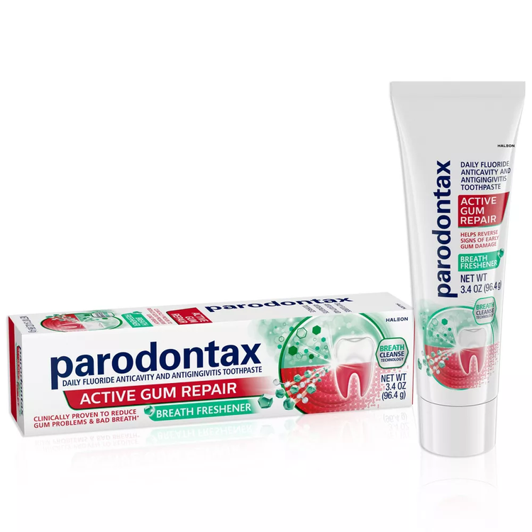 Parodontax Active Gum Repair Breath Freshener Toothpaste in 3.4 oz tube, providing oral care and gum health.