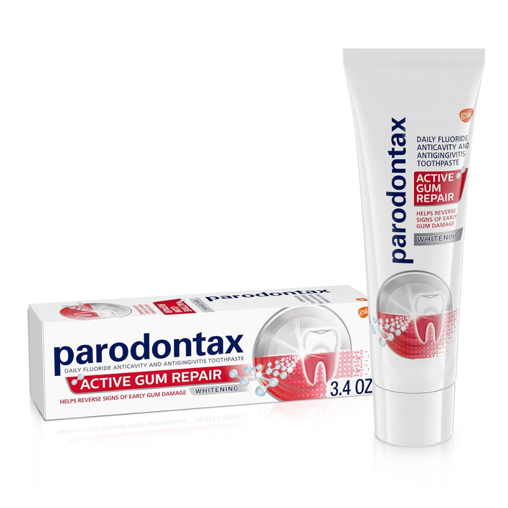 Parodontax Active Gum Repair Whitening Toothpaste in 3.4oz tube, oral care product for healthy gums and brighter smile.