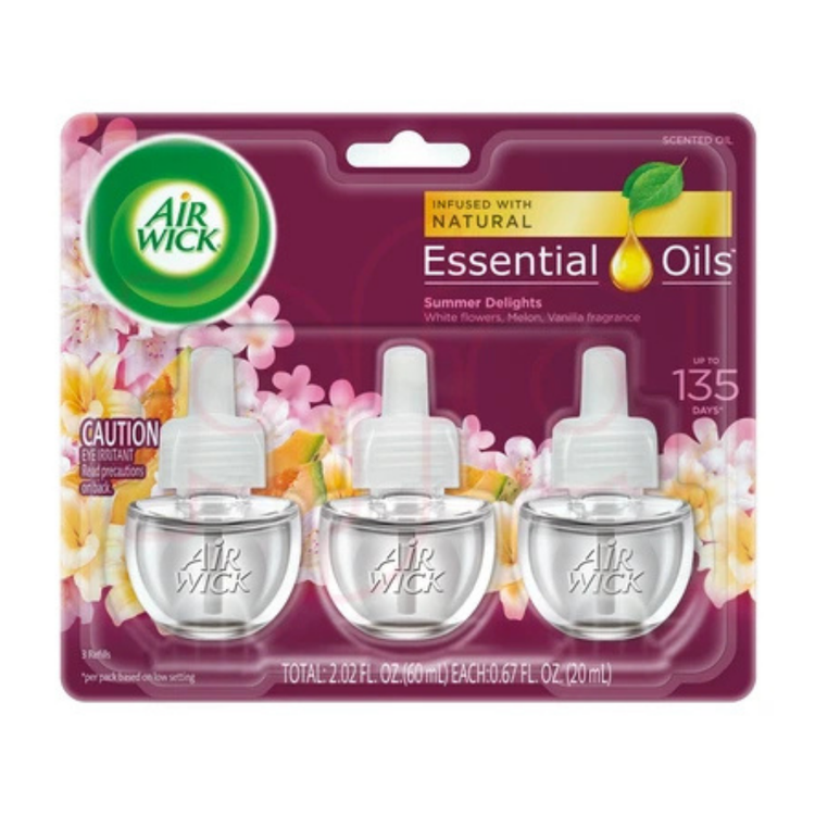 Air Wick Summer Delights scented oil refill pack with three bottles for home fragrance, by Farmacias Savia.