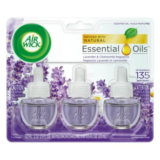 Air Wick Lavender & Chamomile scented oil refills, 3-pack, for home fragrance, by Farmacias Savia.