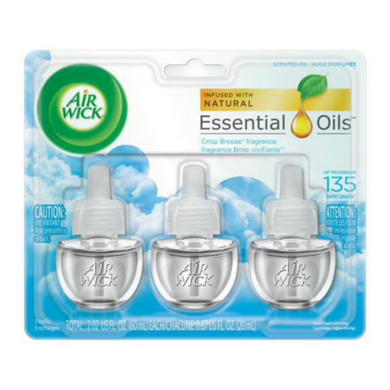 Air Wick Crisp Breeze scented oil refills in a 3-pack, designed for home use, by Farmacias Savia.