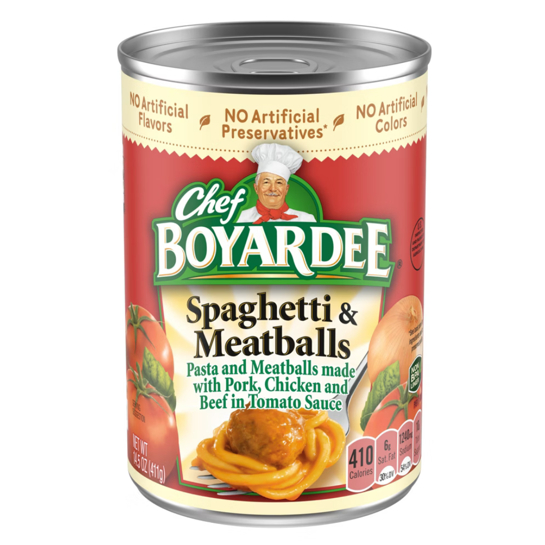 Canned Chef Boyardee Spaghetti in Tomato Sauce, 15oz, with label showing pasta and tomato sauce illustration.