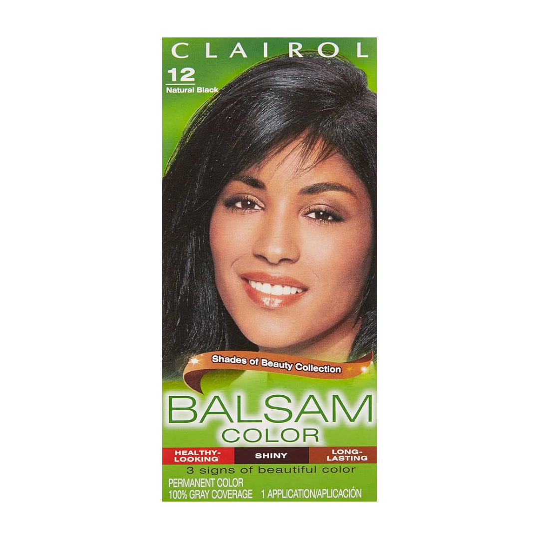 Clairol Balsam Color Variety kit with natural black hair dye and conditioner for hair coloring and care.