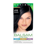 Clairol Balsam Color Variety kit with black hair dye bottles, showing different shades for hair coloring.