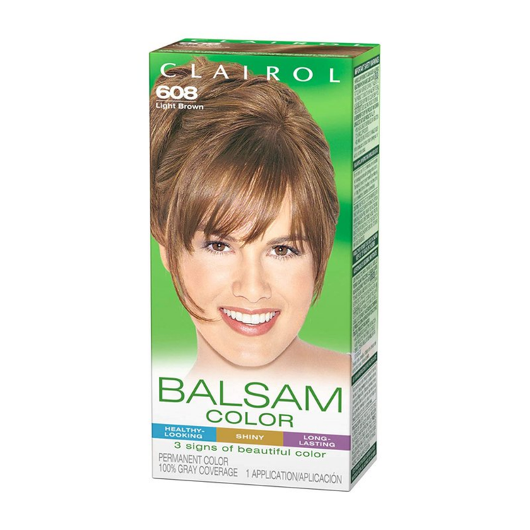 Clairol Balsam Color Variety kit with light brown hair dye and conditioner in packaging, suitable for hair coloring.