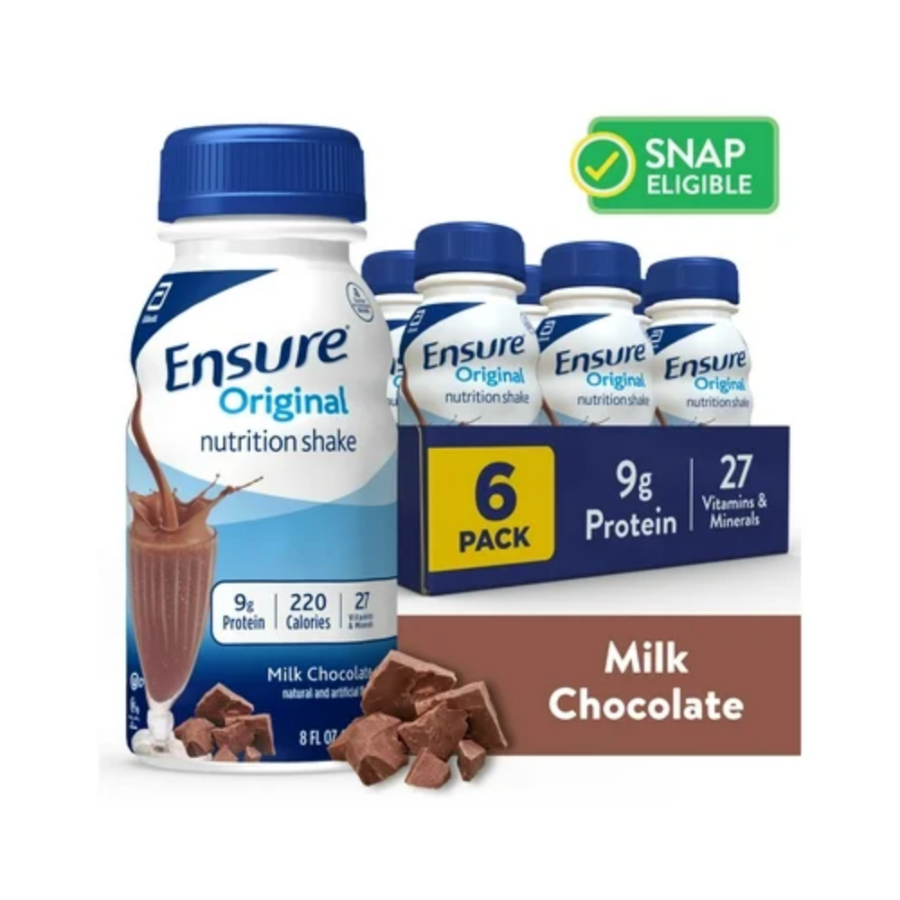 Six 8oz bottles of Ensure Original Nutrition Shake in milk chocolate flavor, displayed together in a pack.