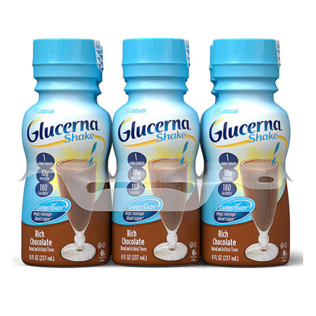 Farmacias Savia Glucerna Chocolate nutritional supplement 6-pack, showing individual chocolate flavored drink containers.