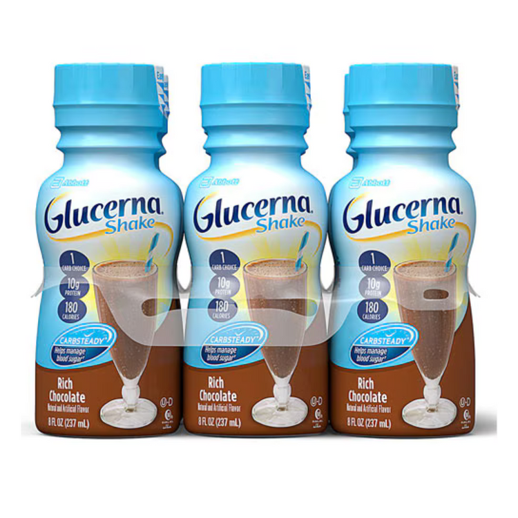 Farmacias Savia Glucerna Chocolate nutritional supplement 6-pack, showing individual chocolate flavored drink containers.