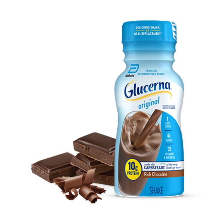 Rich Chocolate Glucerna nutritional shake by Farmacias Savia, 6-pack, creamy beverage for diabetes-friendly nutrition.