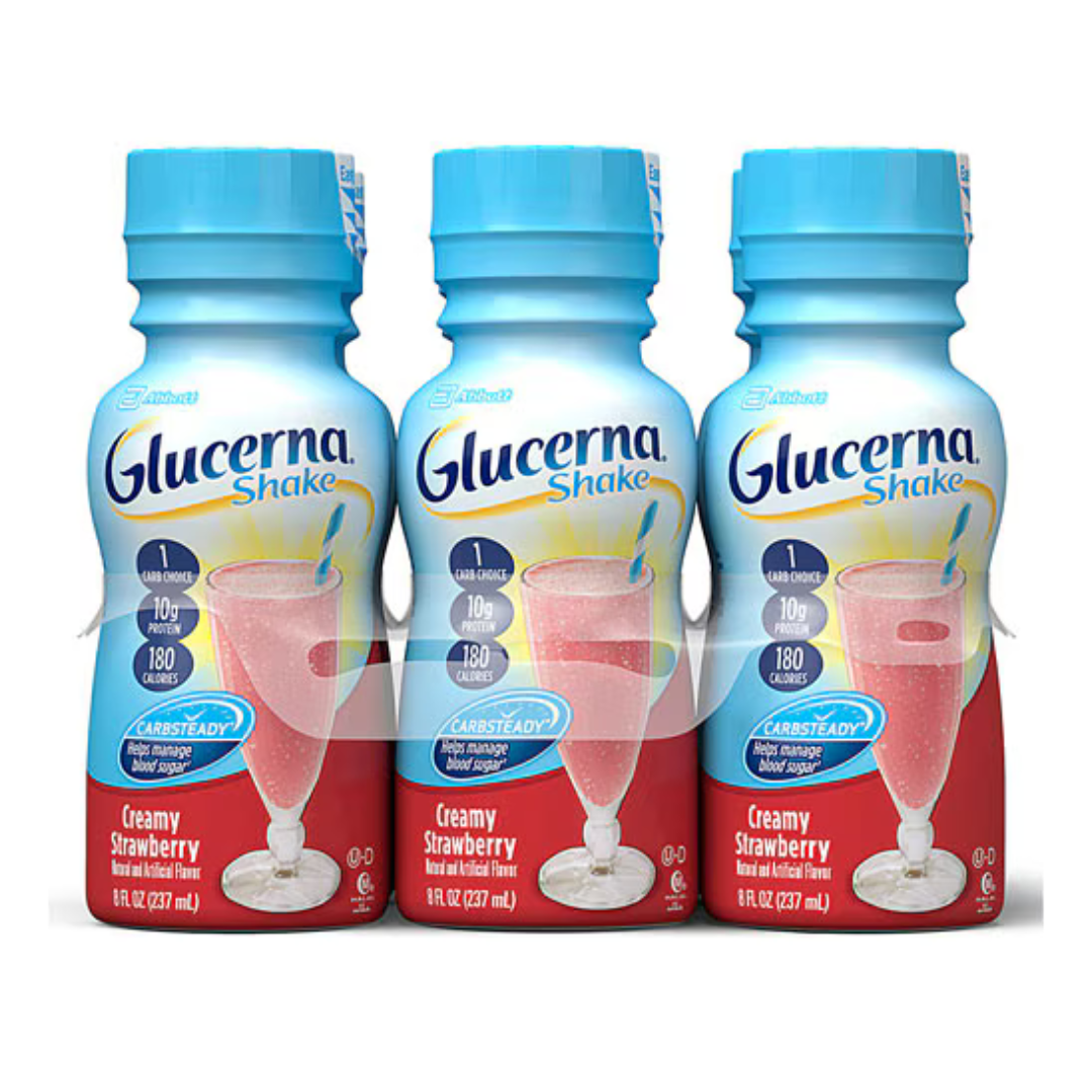Glucerna Strawberry nutritional shakes 6 pack from Farmacias Savia, featuring strawberry-flavored meal replacement drinks.