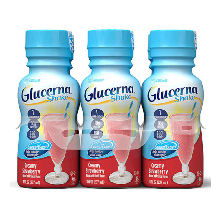 Glucerna Strawberry nutritional shakes 6 pack from Farmacias Savia, featuring strawberry-flavored meal replacement drinks.