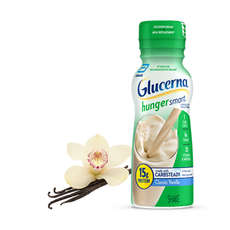 Vanilla Glucerna Hunger Smart Shake nutritional beverage in a 6-pack, designed for meal management and dietary support.